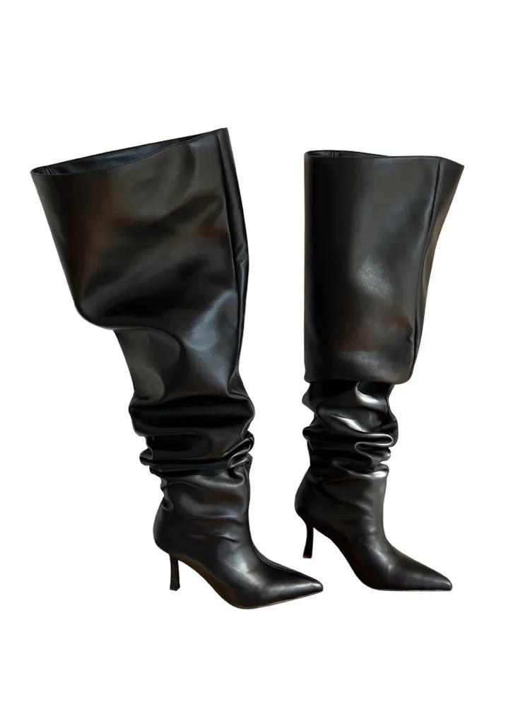 Oversized High-heeled Boots European and American Babes with Pointed Toe Stiletto Heels Over The Knee Wide Boots Heap Pile Boots