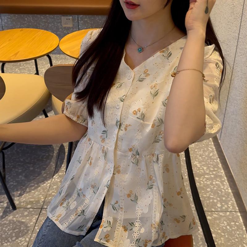 Summer new loose casual printing embroidered versatile shirt unique and chic design single-breasted top women's clothing