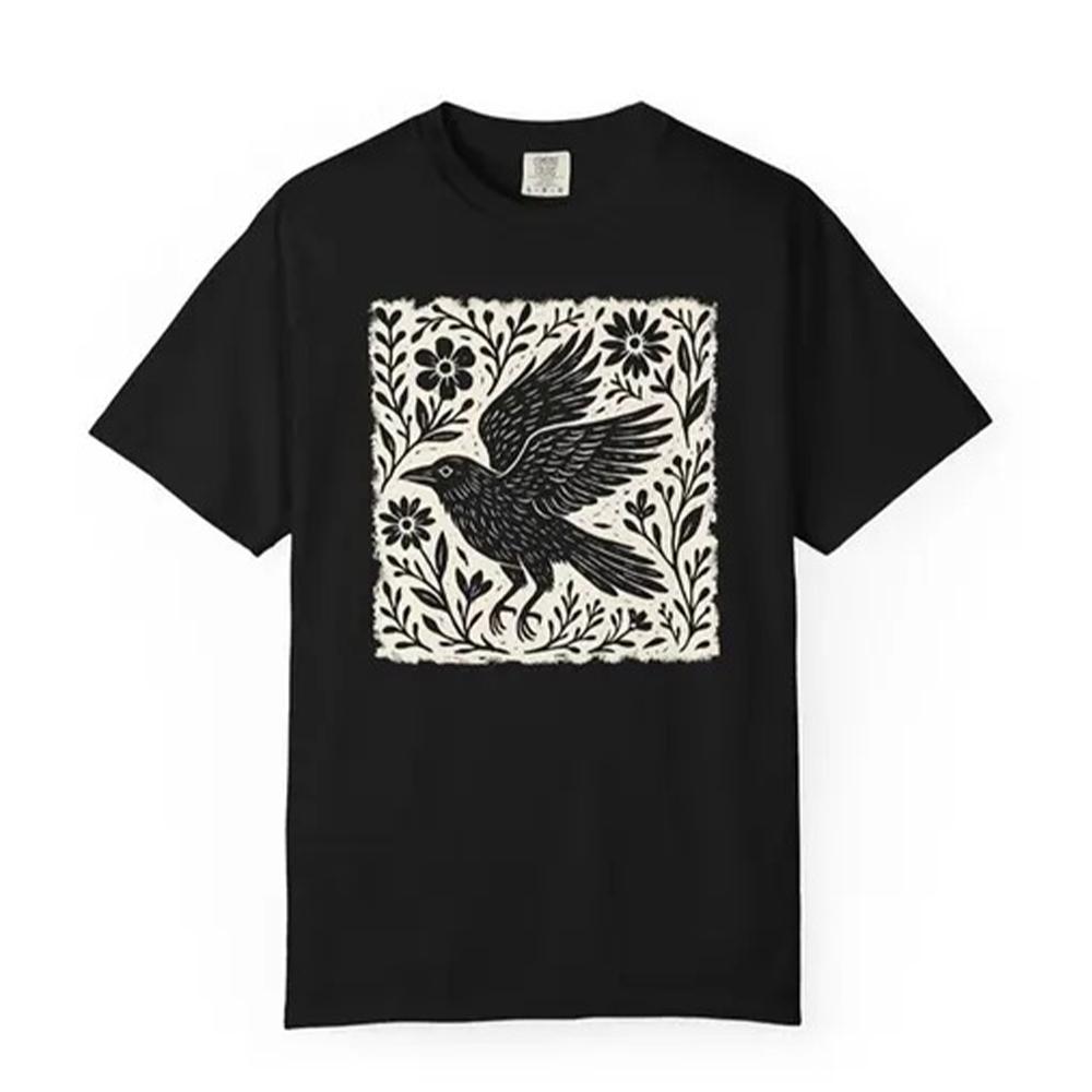 Retro Folklore Waldkrähe Linolschnitt Hemd Volkskunst Linolschnitt Krähe T-Shirt Kurzarm Baumwolle Unisex Y2K Lässiges Oberteil Streetwear