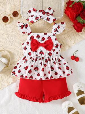 Modisches Baby-Mädchen 3-teiliges Sommer-Outfit-Set Marienkäfer-Print Rüschen-Träger-Top + Shorts + Schleifen-Stirnband Lässige Kleidung für Neugeborene für 0-3 Jahre