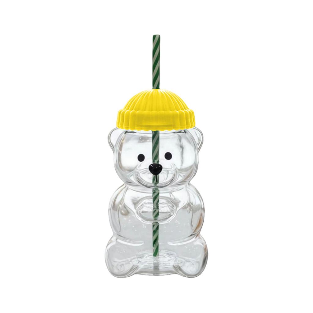 Bear-Shaped Glass Straw Cup: Cute Transparent Design, Green Hat Water Cup