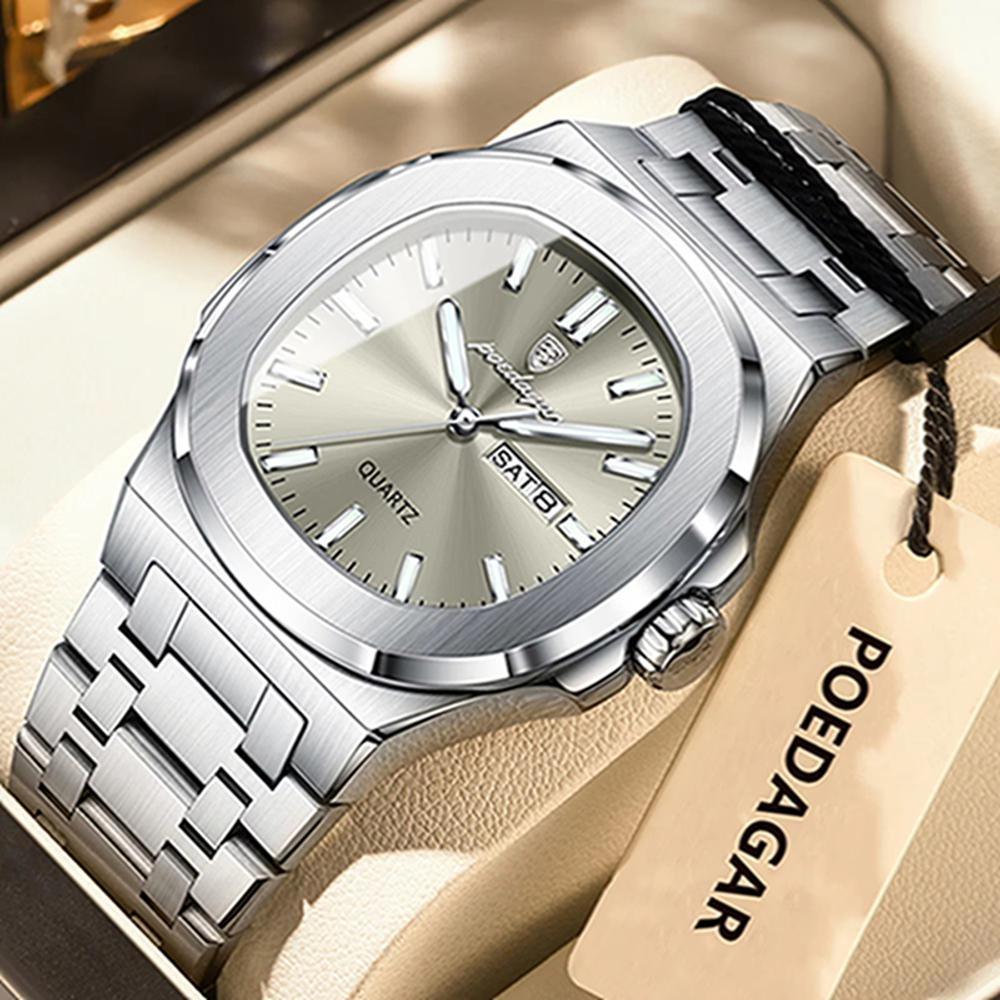 Luxury Square Men's Watches Waterproof Luminous Date Week Men Watch Stainless Steel Fashion Quartz Wristwatch