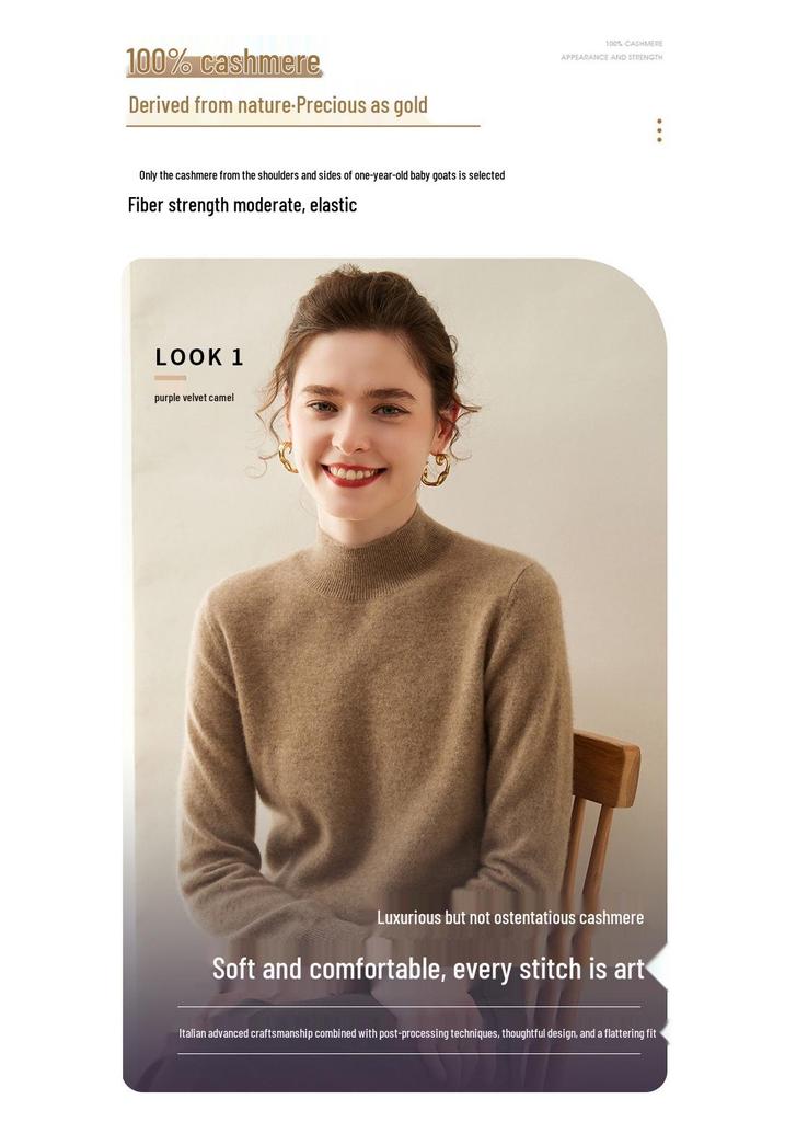 Women's Slimming Cashmere Half-High Neck Sweater - 100% Pure Cashmere, Versatile and Lightweight Knitwear