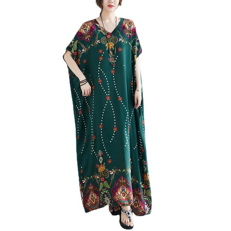 Summer Literature Plus Loose Cotton Silk Printed V-neck Short Sleeved Dress Women's Long Casual Dresses