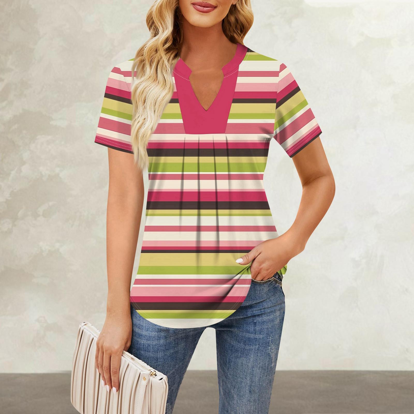 

Женская повседневная свободная футболка с коротким рукавом и v-образным вырезом на груди, плиссированная свободная футболка с принтом, топ XL арбуз красный