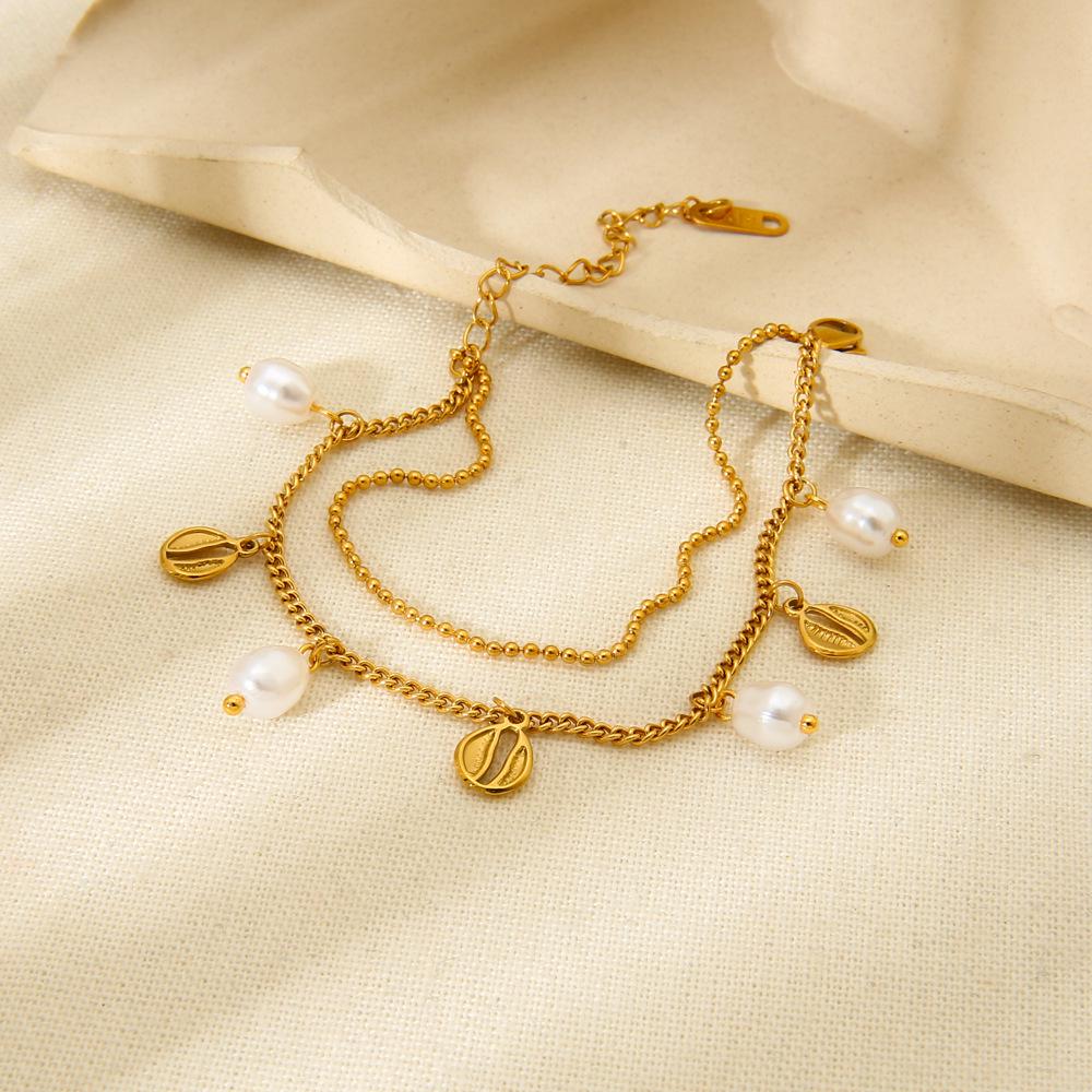 18K Gold Plated Pearl Seashell Tassel Bracelet: European & American Ocean Style, Stainless Steel, Versatile Hand Jewelry