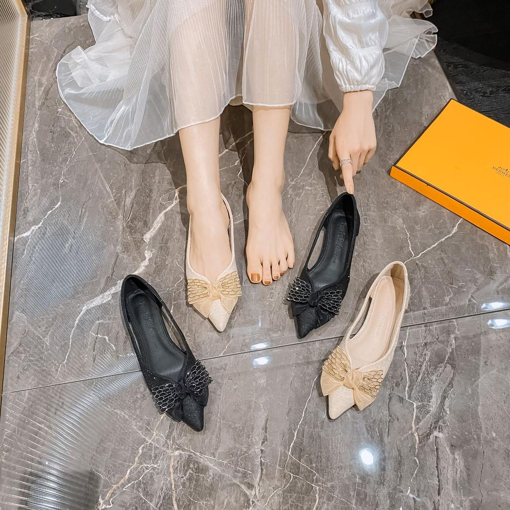 Fashion 2025 Bling Bling Fabric Flats Women Lace Bowknot Ballet Shoes Ladies Cut-Out Loafers Spring Slip On Office Dress Mocasines Mujer