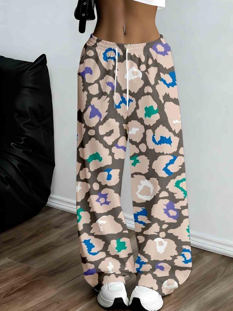 Women's colorful leopard print wide-leg sports pants, casual loose drawstring pants, fashionable and comfortable jogging pants