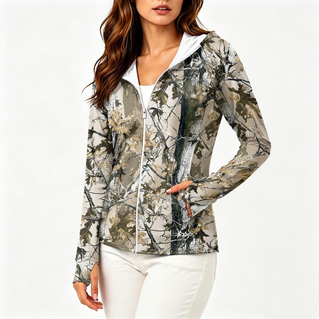Women Lightweight Hooded Zip Up Jacket with Pockets Long Sleeve Printed Sun Protection Outerwear for Outdoor Activities