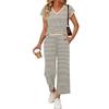 Completo da Donna Due Pezzi Casual Loungewear Top Scollo a V Manica Corta con Pantaloni a Gamba Larga a Righe Vestibilità Rilassata Tessuto Morbido per Viaggio e Casa