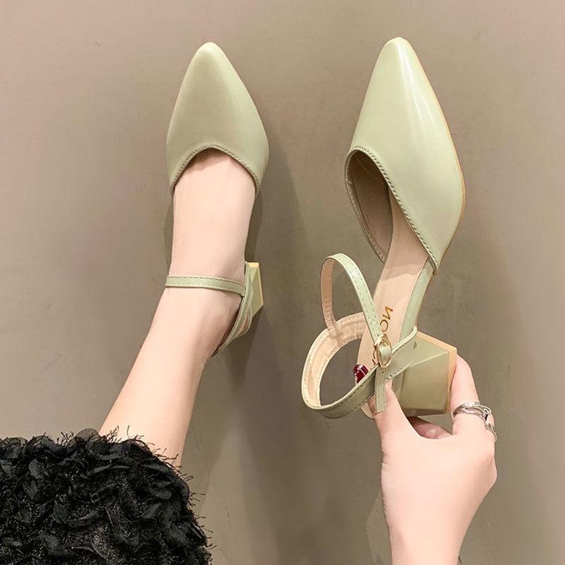 Baotou sandals women's thick heel 2025 new simple word with buckle empty beige with skirt summer single shoes women