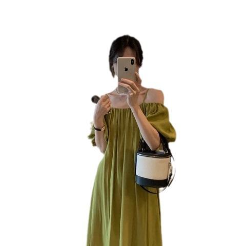 French suspender one-word shoulder green dress women's summer 2026 new loose off-the-shoulder high-end dress