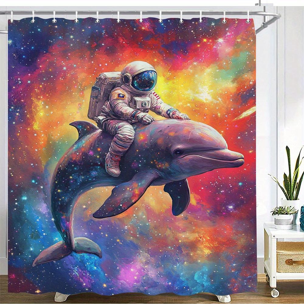 Astronaut Riding Dolphin Waterproof Mildew-Resistant Shower Curtain - Cosmic Design for a Unique Bathroom Décor Experience