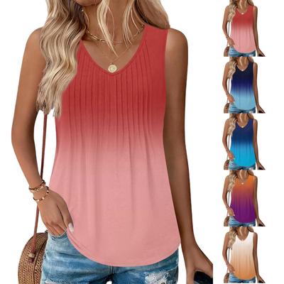 Women's Fashionable Sleeveless Vest With Pleats, V-neck, Tie- Gradient Color, Loose Fit, Flowy Summer Top