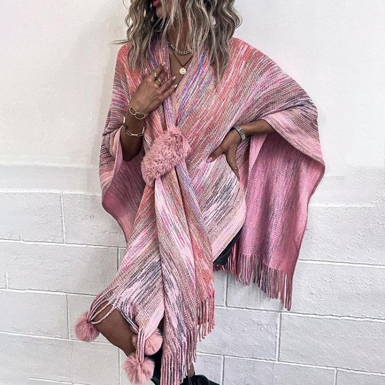 Women Winter V-Neck Loose Knitwear Cardigan Bat Sleeve Cross Border Cloak Autumn Color Collision Sweater