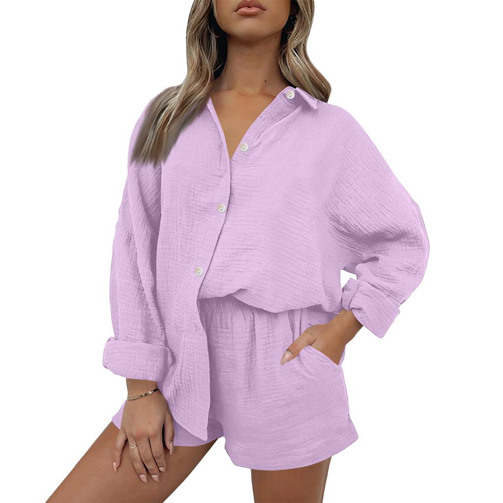 Women's Casual Color Long Sleeved Shorts Set, Crepe Home Set