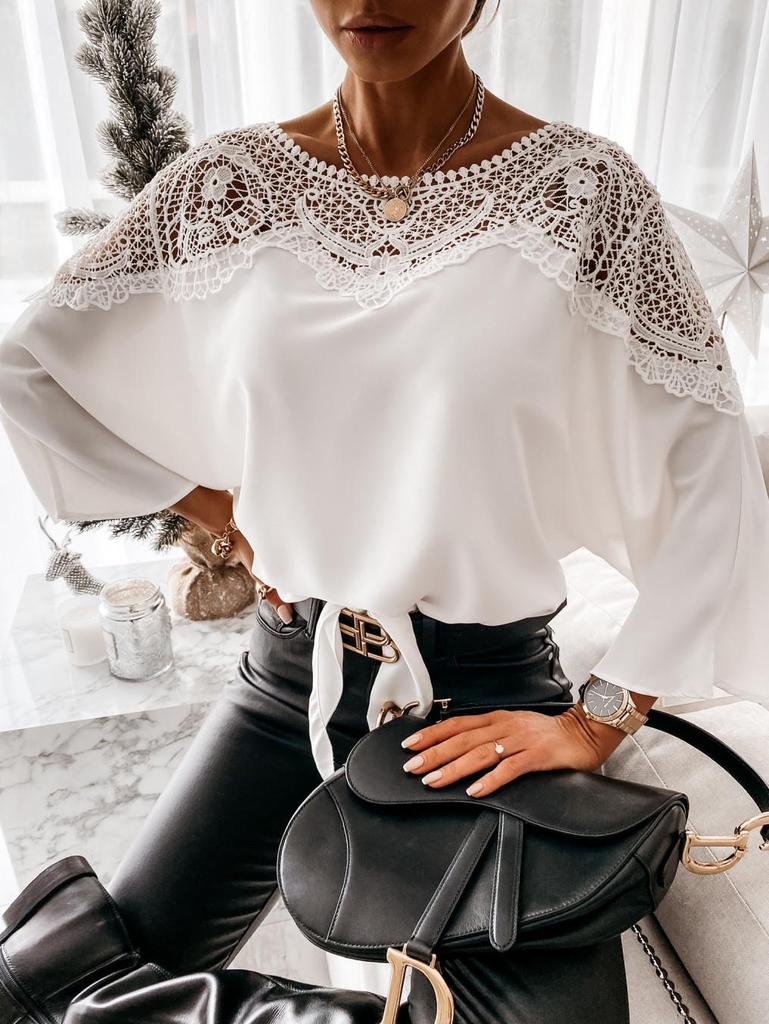 Spring & Autumn Long-Sleeved Lace Solid Color Commuter Top 