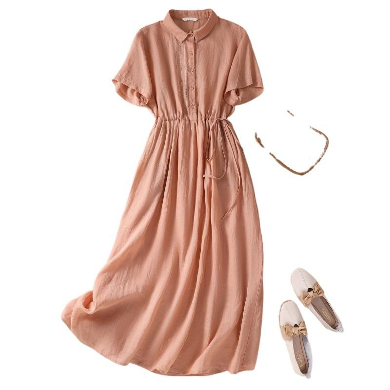 Real Shot Summer Thin Cotton and Linen Literary Simplicity and Thin Medium and Long Short-sleeved Dress Women