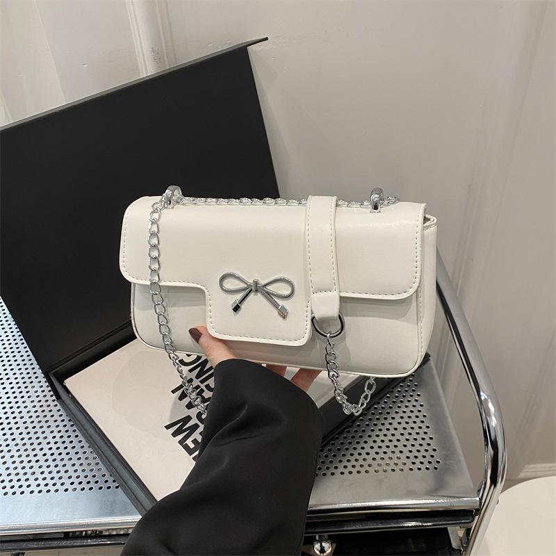 

New fashion large capacity solid color texture bow retro baguette single shoulder underarm small square women s bag белый