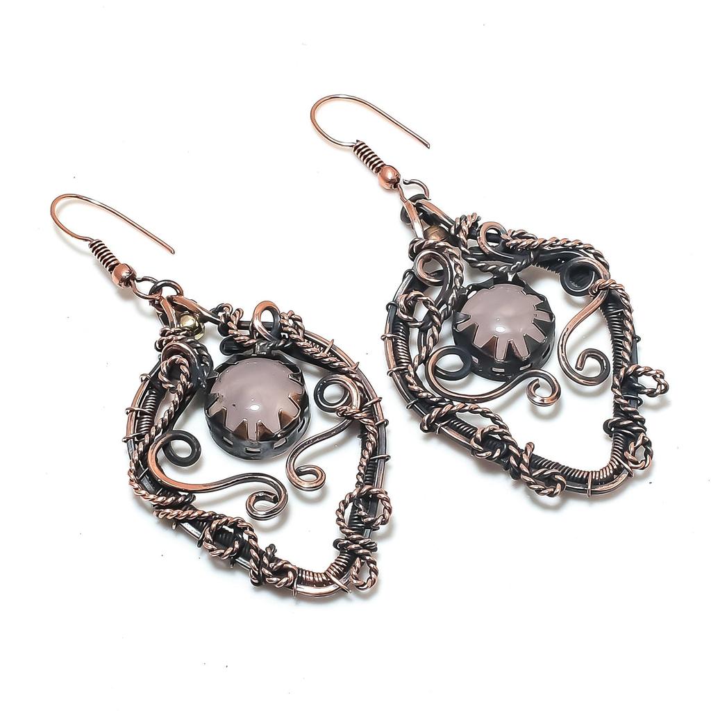 Rose Quartz 999 Copper Wire Wrapped Earrings, Handmade Gemstone Earrings Jewelry, Gifts For Wife Brand New Earrings