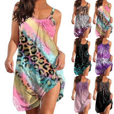 Moda feminina casual solto estampa suspender praia vestido de verão solto sem mangas