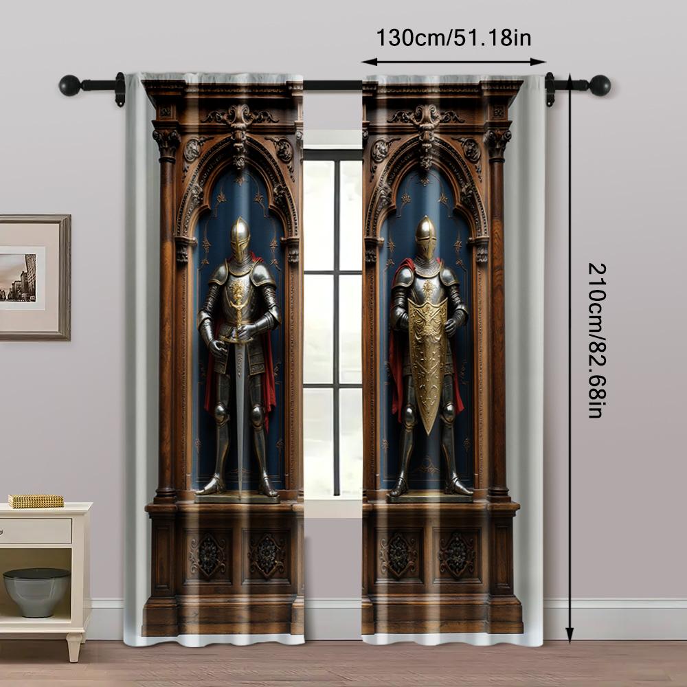 2pcs   Light Filtering Curtains Medieval Knight Armor Fabric (without rod) Festive Use for Living Room & Kitchen Decor