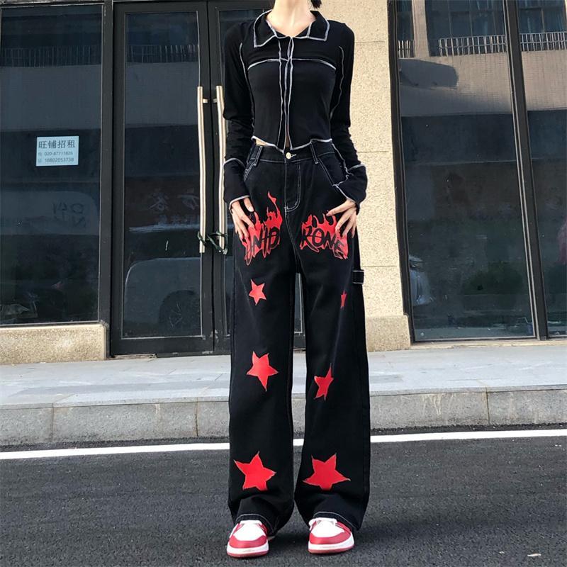Hip Hop Vintage Women Black Red Jeans Streetwear Fashion Pants Star Painted High Waist Wide Leg Straight Casual Loose Trousers