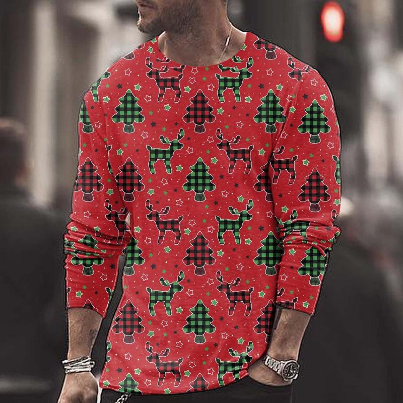 Summer Round Neck Christmas 3D Print Top Fashionable Casual Long Sleeved Men's T-shirts