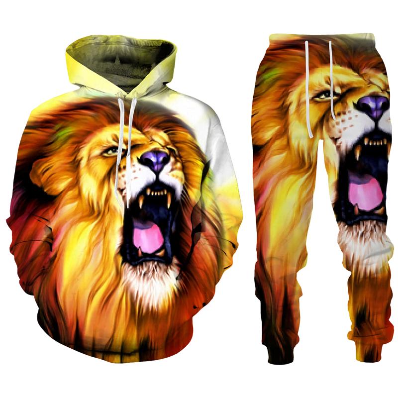 Trend Animal The Lion 3D Print Men's Tracksuit Sets Casual Hoodie And Pants 2pcs Sets Oversized Sweatshirt Fashion Men Clothing