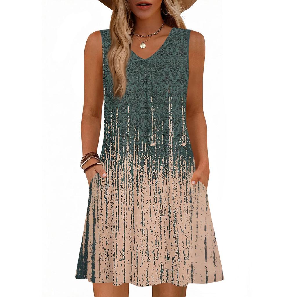 Women's Fashion Printed Summer Sleeveless V-neck Tank Top Pocket Casual Loose Dress
