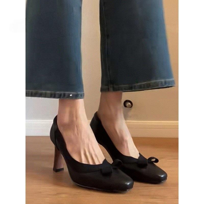 Bow square head shallow mouth single shoes women's autumn autumn versatile not tired feet stiletto high heels