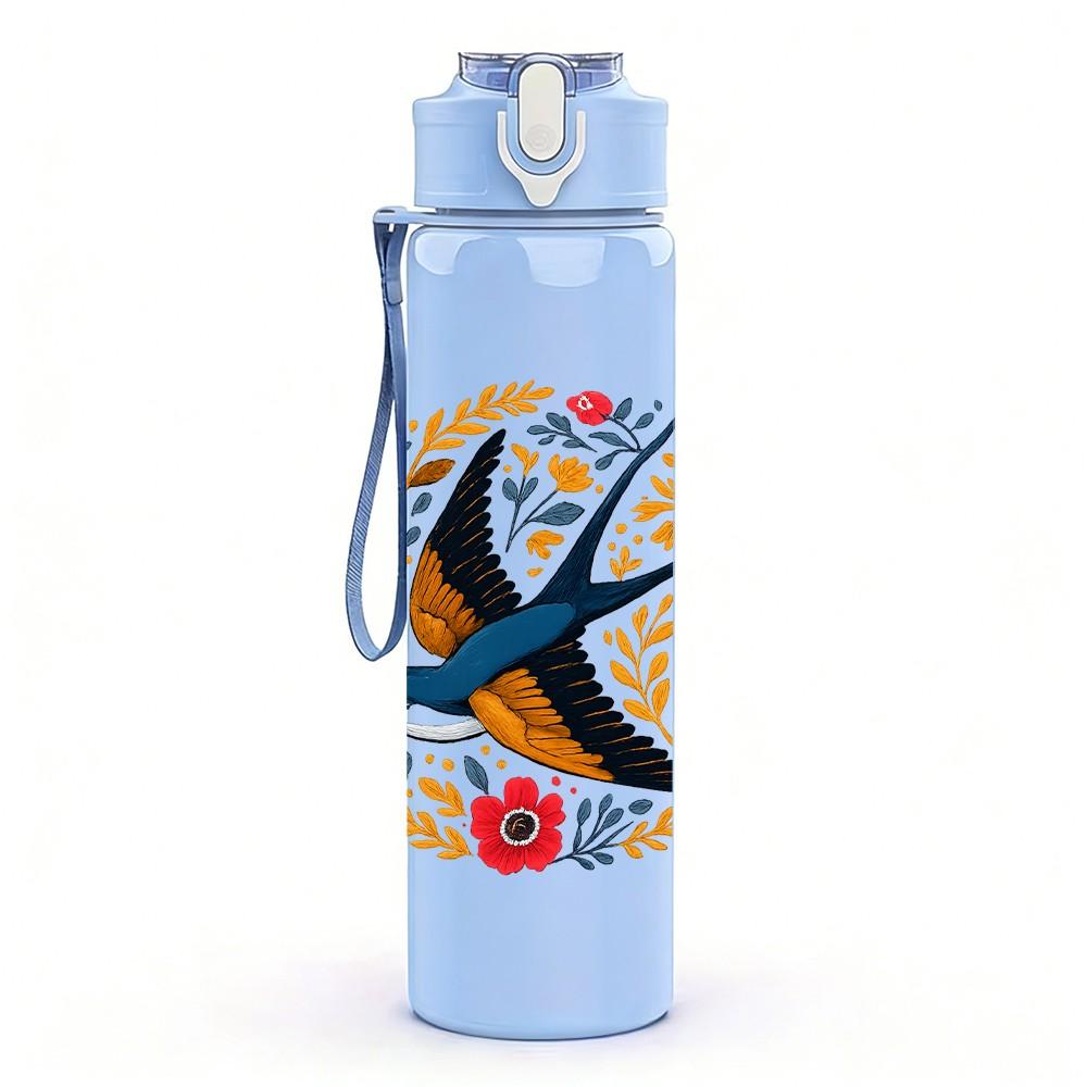 1PC Swallow Bird Floral Mandala 750ml Color Plastic Sports Water Bottle Leakproof Flip Straw Lid Suitable for Sports Office Home Use