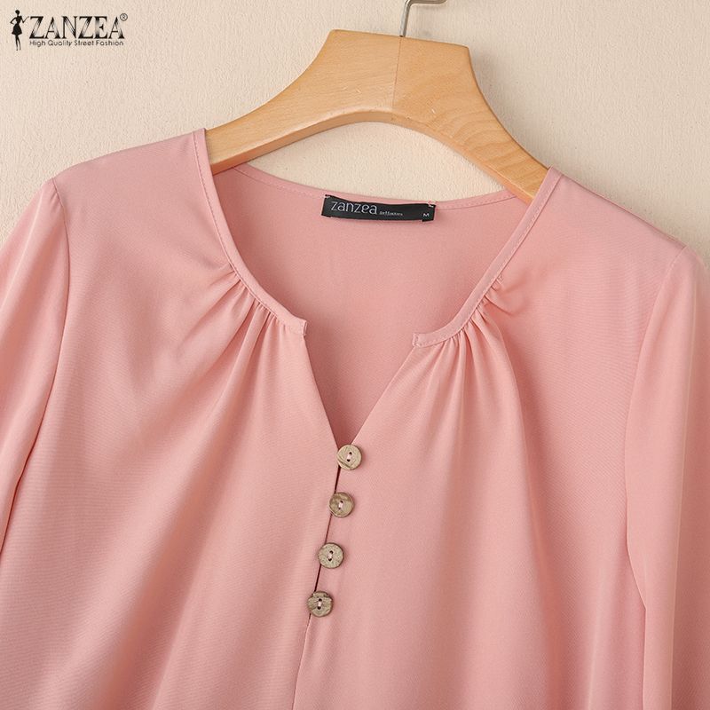 ZANZEA Women Casual V-Neck Loose 3/4 Sleeve Solid Dress