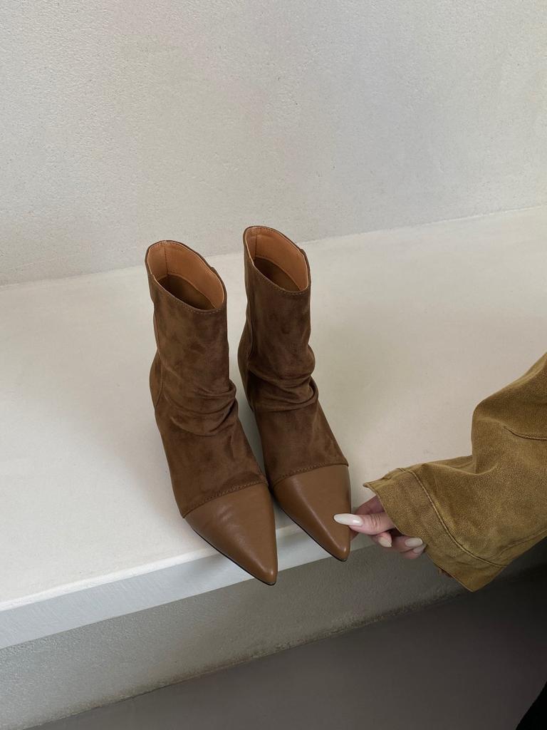 Women's shoes real shot pointed retro elastic boots autumn and winter suede splicing thin boots rear zipper versatile solid color