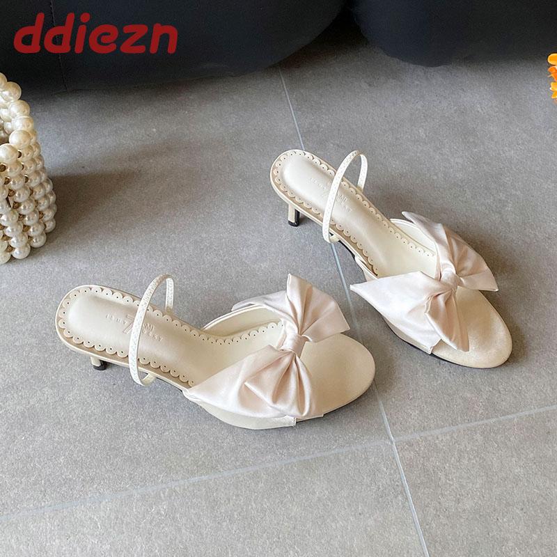 Mode Mode Schleife Damen Dünne Absätze Sandalen Schuhe Weiblich Runde Zehen Schuhe Elegant Damen Absatzsandalen Pantoletten Schuhe