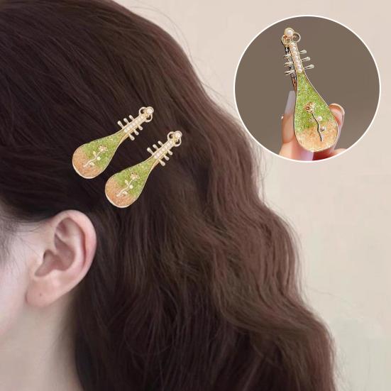2Pcs Pipa Shape Hair Clips Chinese Style Floral Pattern Faux Pearls Decor Hairpins Festival Cosplay Hair Accessories