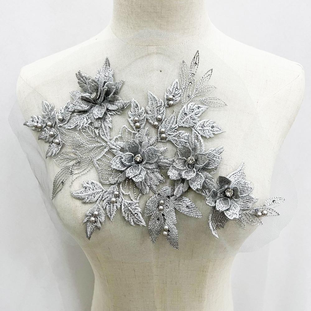 Sequins Flower 3D Embroidery Patches Handmade Lace Fabrics Applique Embroidered Floral Patches