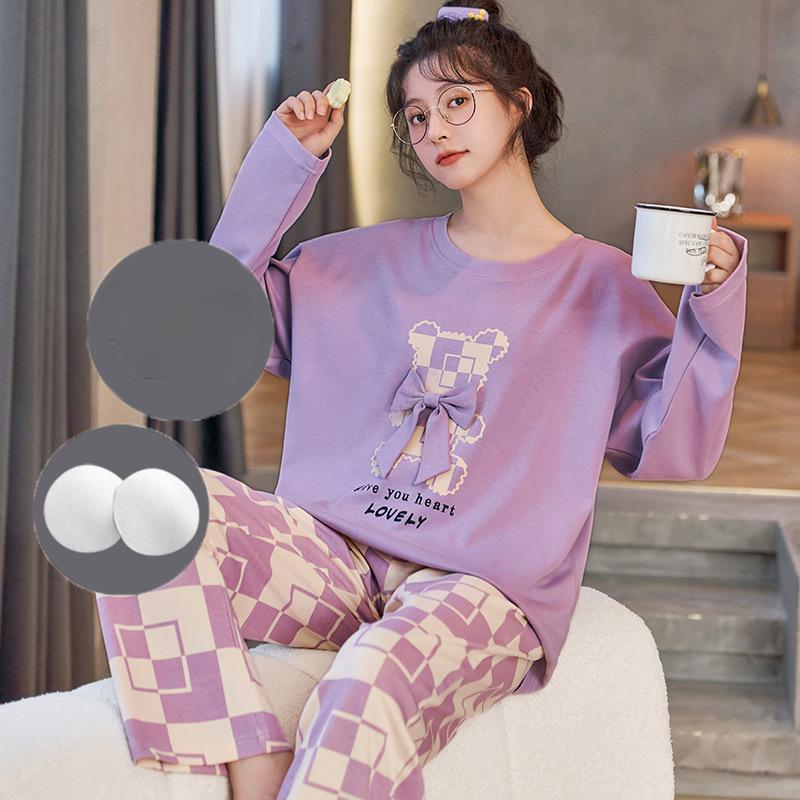 New Autumn Pajamas with Chest Pad Women Knitted Cotton Pajama Set Homewear Pijama Mujer Long Sleeve Casual Soft Female Sleepwear