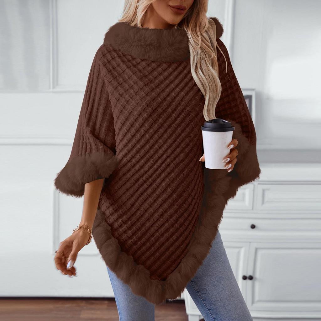 Women's Solid Color Wool Collar Pullover Sweater Thick Vintage Plaid Knitted Cloak Shawl For Party