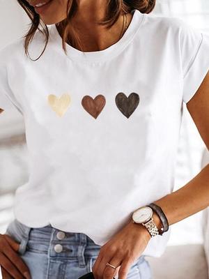 (Asian Size) Women Tee Top Clothing Love Heart Lovely Watercolor Casual Short Sleeve Fashion Print Lady Tshirt Female Graphic T-shirts