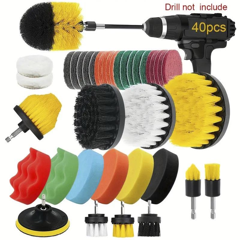 Temu 40-Piece Car Cleaning Set: Electric Drill Brushes, White Cloths, and Sponges