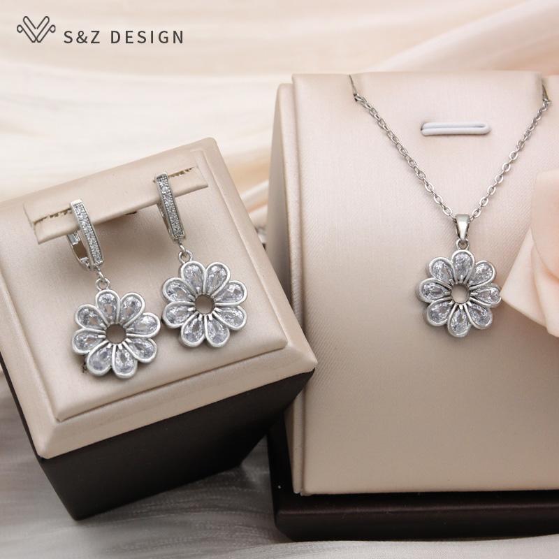 Fashion Elegant Rose Gold Color Flowers Cubic Zirconia Pendant Necklace For Women Romantic Jewelry Gift