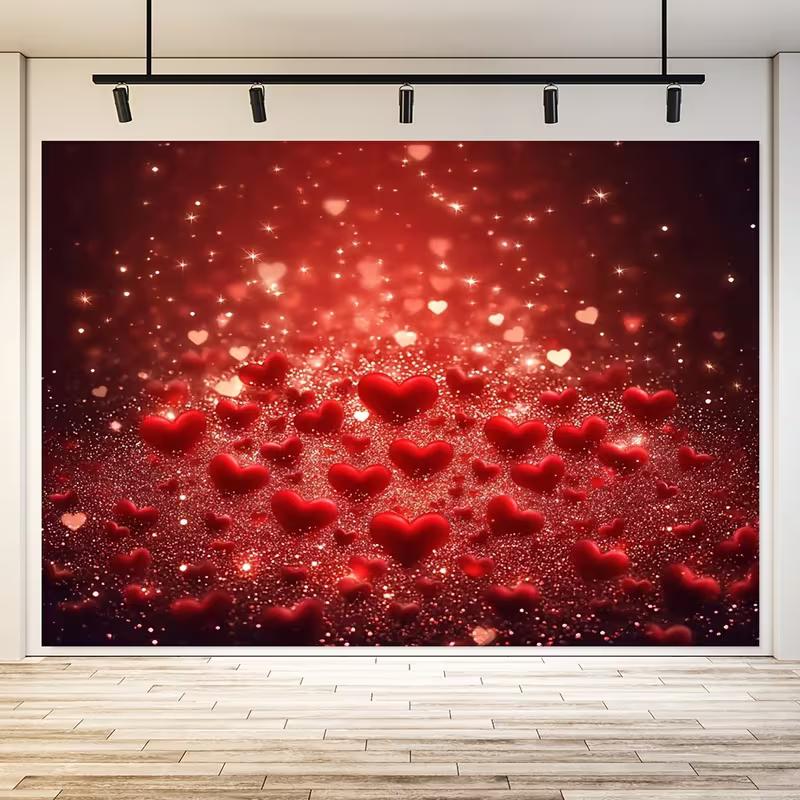 2D Anniversary Photo Booth Backdrop with Red Hearts and Bokeh Lights