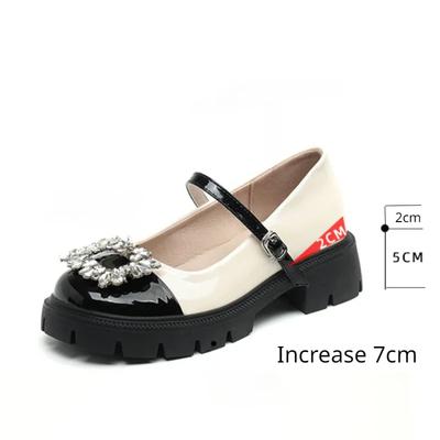 Fashion Increase 7cm Rhinestone Buckle Mary Janes Shoes Girls Flat Princess Leather Women Block Lolita Shoes Low Heels Women Shoes
