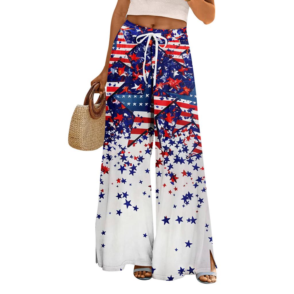 Damen Sommer Boho Palazzo Hose Hohe Taille Weites Bein Independence Printing Freizeithose mit Taschen