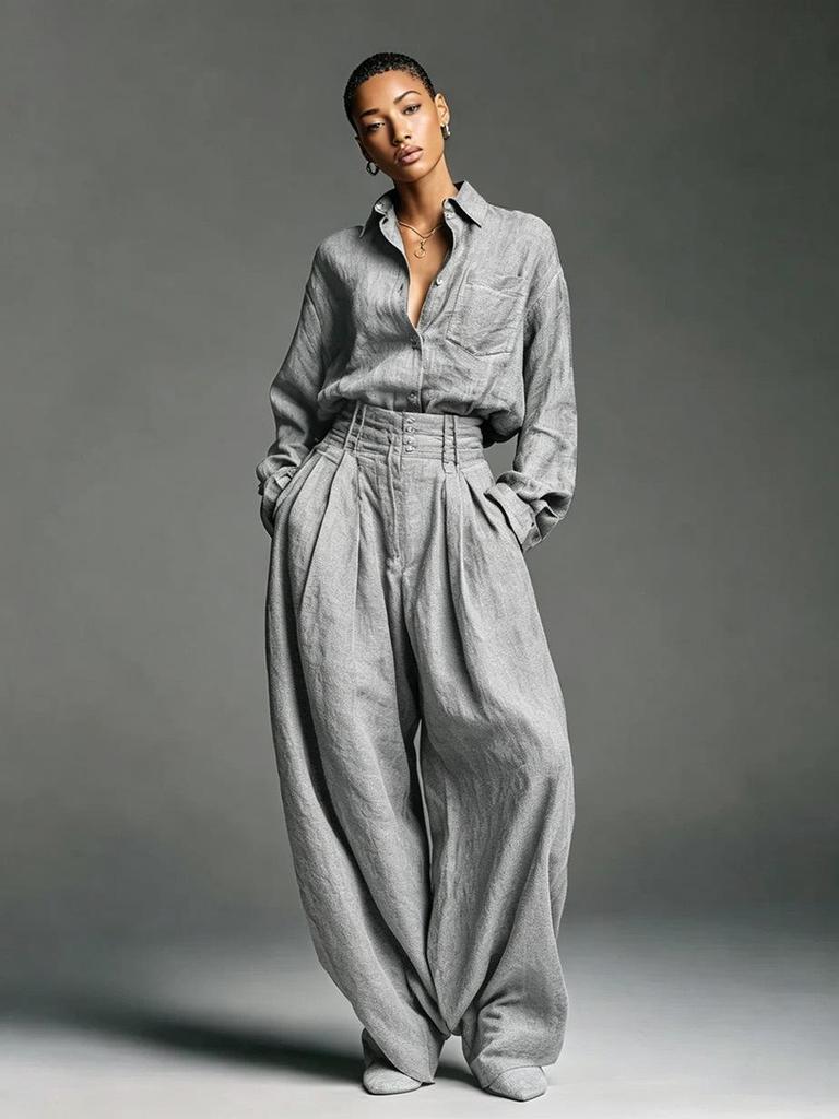 Euro-American Women's Retro Linen-Style Two-Piece Set: Long Sleeve Cardigan & Loose Pants 3057