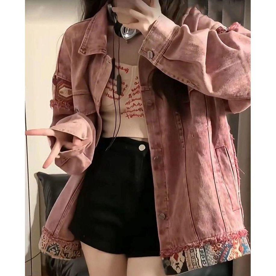 Women's Spring & Autumn 2025 Dirty Pink Washed Patchwork Denim Jacket