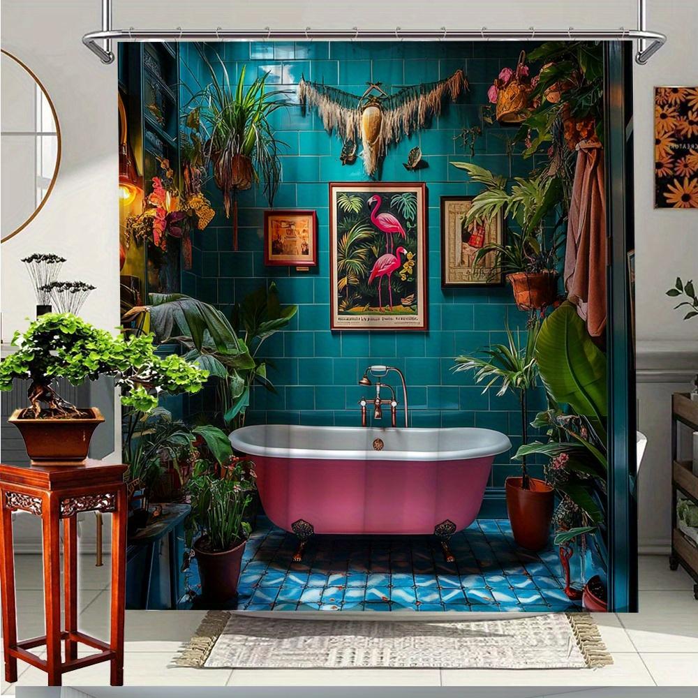 Flamingos And Tropical Plants Shower Curtain-Vibrant Design With Pink Flamingos, Decorative Shower Curtain For The Bathroom W60H190(CM)-1 Pcs