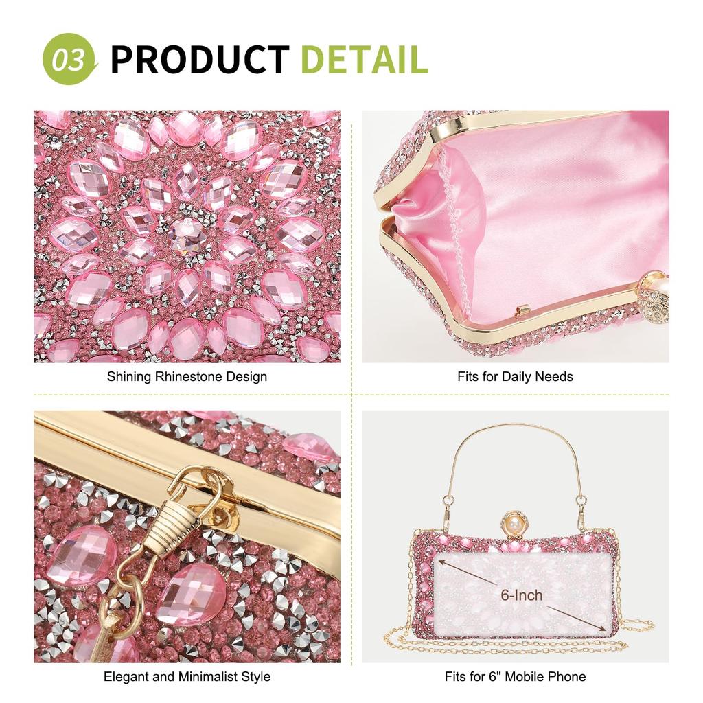 uxcell Evening Sparkling Crystal Rhinestone Clutch Bag with Two Chain Perfect for and Pink Women's Bag, Straps, Weddings, Evenings, Weekends,