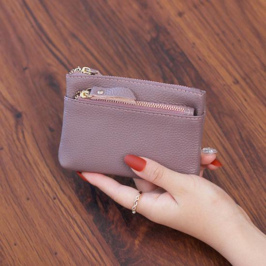 

Жіночий міні гаманець для монет з натуральної шкіри - Тришаровий чохол для ключів з коров ячої шкіри на блискавці бузковий/фіолетовий